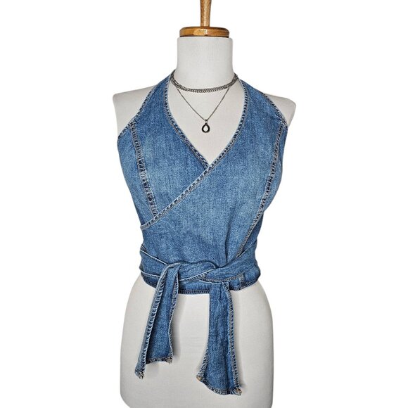 Zara Denim Wrap Halter Top Blue Sleeveless Tie Waist Cropped Festival Y2K Size S - Picture 1 of 7